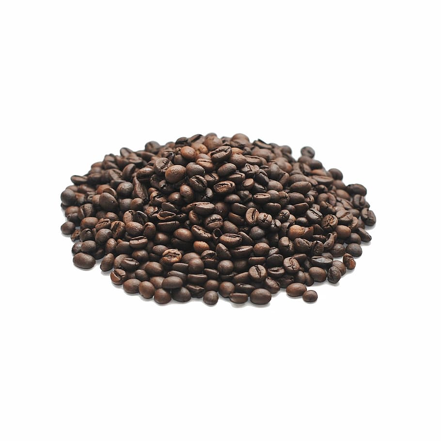 coffee, grains, arabica, fried, coffee beans, roasted coffee, grain, studio shot, white background, food and drink