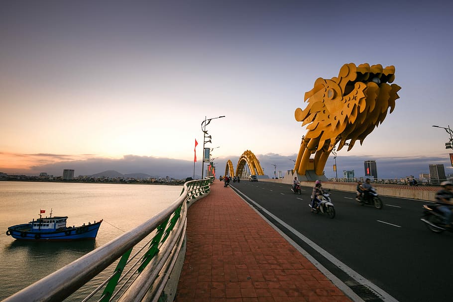 person, riding, white, motorcycle, vietnam, danang, dragon bridge, the city, south river, water