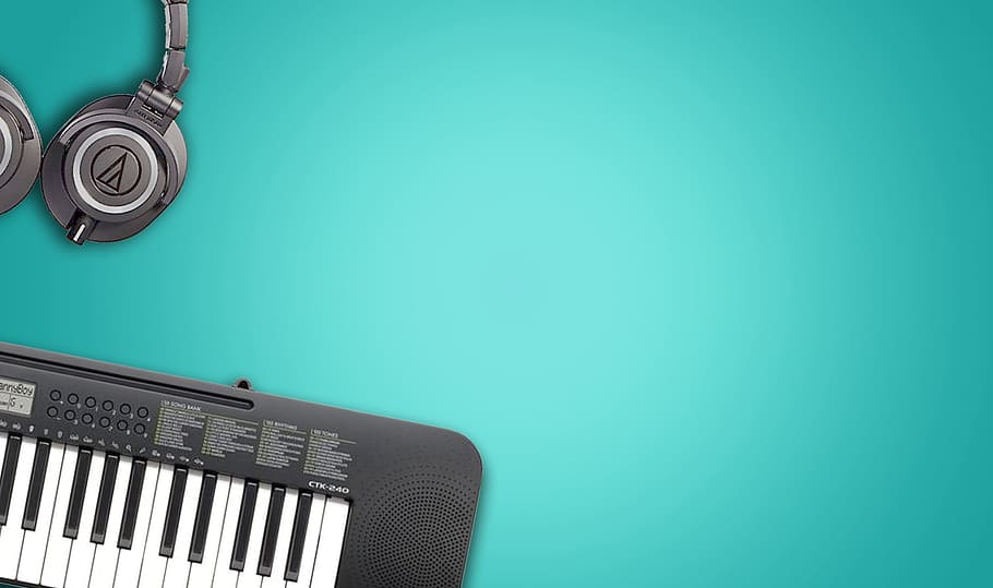 black, electronic, keyboard, headphones, music instruments, blue background, musical background, piano, headphone, music
