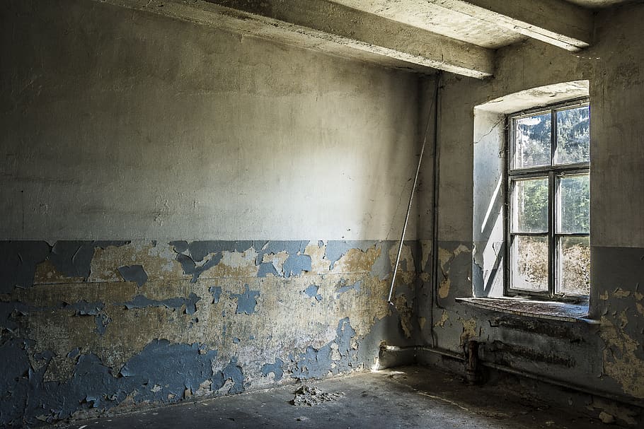 janela, devastação, azul, quarto, abandonado, velho, ruína, devastado, destruição, esquecer