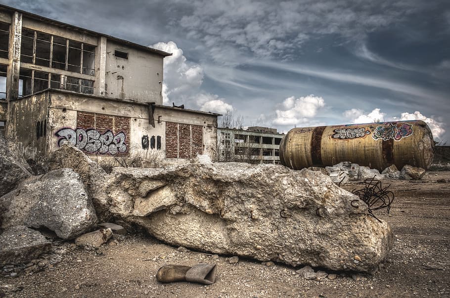 white, concrete, building, front, rocks, hdr, destroyed area, old factory, desolate, abandoned area