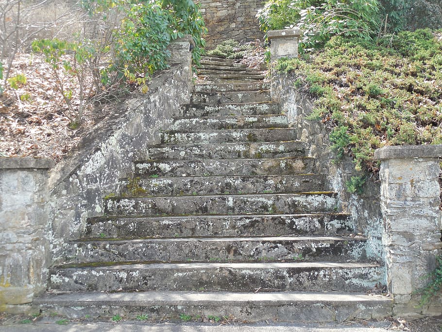 gray, concrete, stairs, grass field, masonry, steps, wall, stone, brick, old