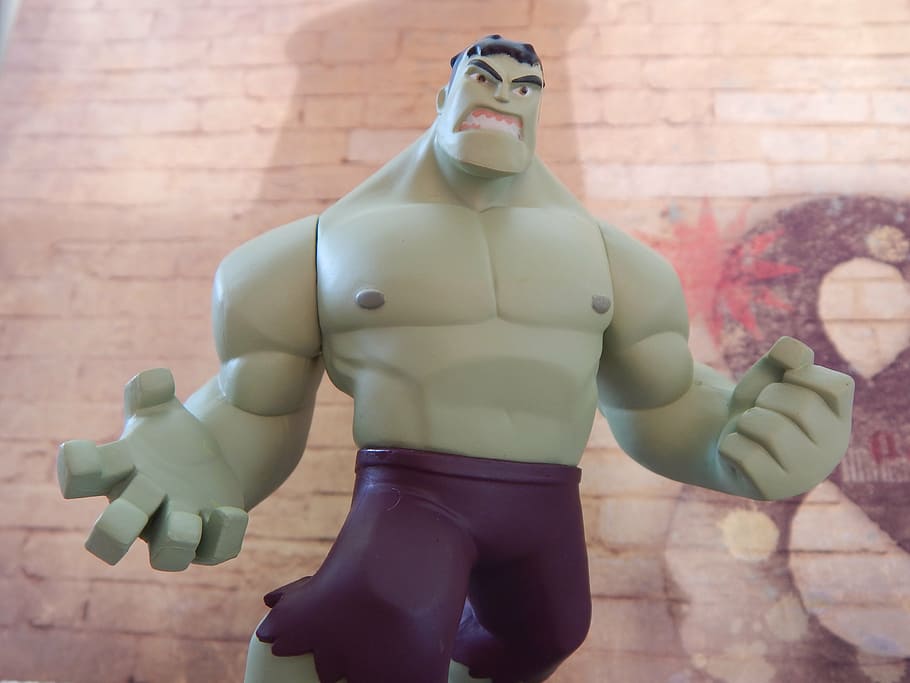 cartoon character action figure, hulk, superhero, angry, strong, comics, character, figurine, male, man