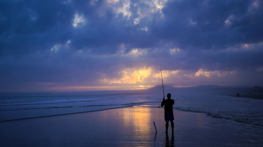 man, holding, rod fishing, nighttime, fisherman, seaside, sea, fishing, shore, beach
