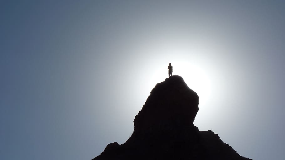 silhouette person, standing, peak, mountain, silhouette, hiker, mountain top, mountain peak, climber, walker