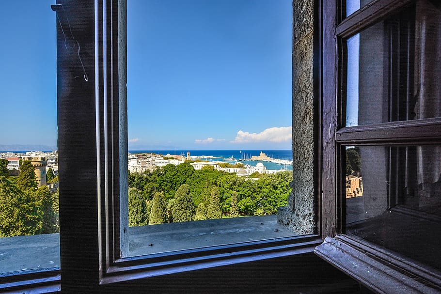mediterranean, window, sea, rhodes, greece, greek, view, island, town, frame