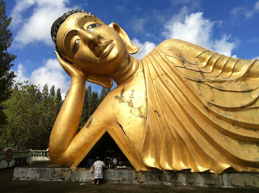 buda, figura, dourado, grande, templo, tailândia, phuket, budismo, escultura, estátua