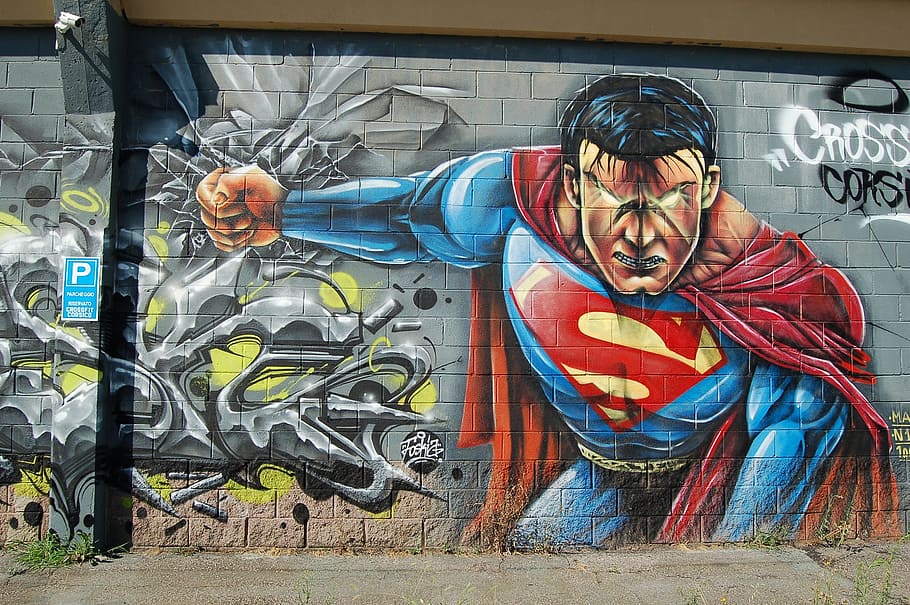 dc superman wall painting, wall, art, mural, painting, graffiti, public, street, superman, one person