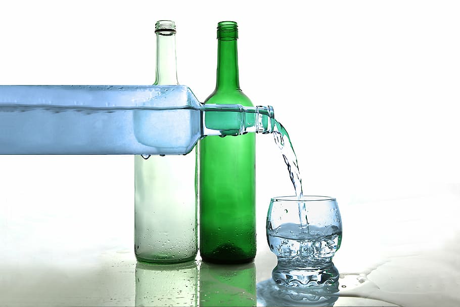 glass bottles, rocks glass, water, water bottle, bottle of water, drink, liquid, bottle, alcohol, drop