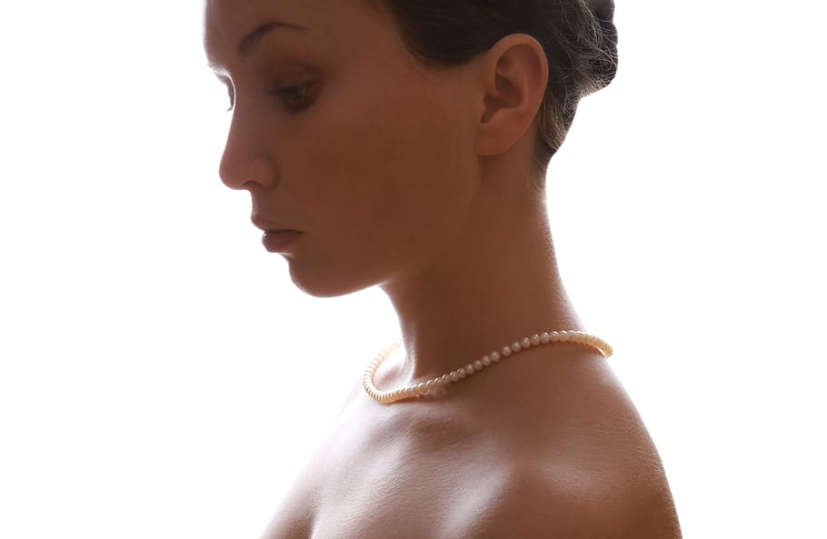 woman, wearing, female, pearls, pearl, jewelry, jewellery, face, necklace, elegant