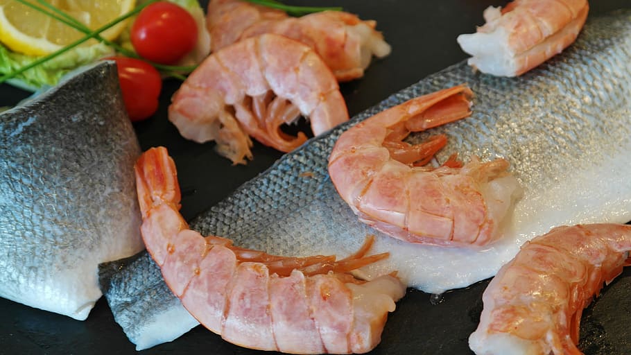 Fish, Seabass, Loup, De, Mer, Shrimp, loup de mer, scampi, mediterranean cuisine, food