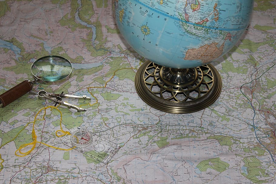map, globe, travel, compass, magnifying glass, orienteering, hiking, trekking, camping, explore