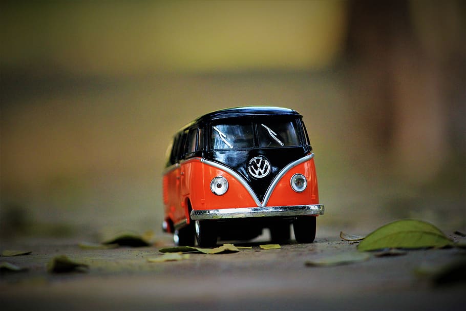 bus, miniature, landscape, toy, vehicles, transportation, volkswagen, selective focus, mode of transportation, toy car