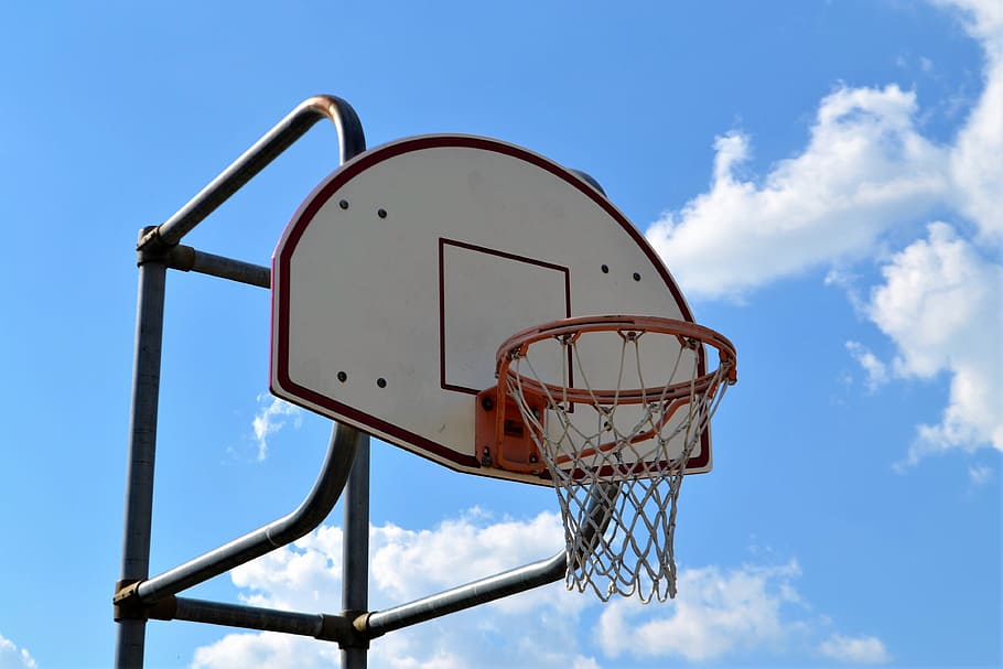 basketball court, hoop, backboard, net, sky, background, basketball, court, sport, basket