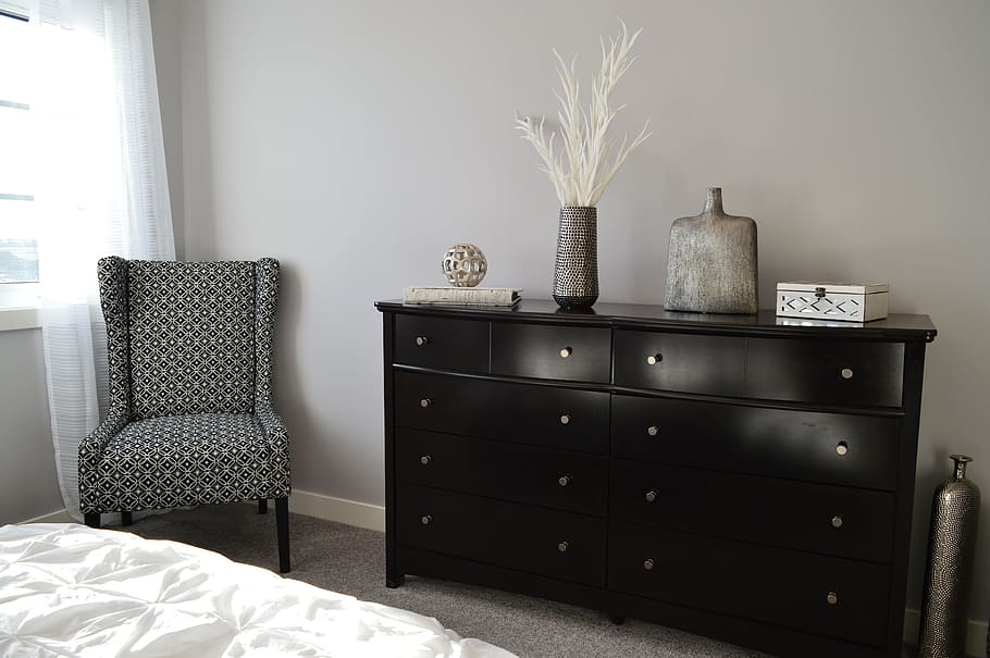 black, hemnes lowboy dresser, gray, padded, wing chair, bedroom, furniture, chair, dresser, decor