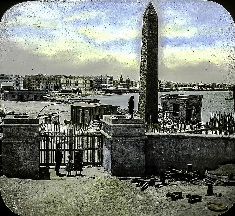 Obelisk, Alexandria, Mesir, cityscape, lansekap, domain publik, Tempat terkenal, arsitektur, Tema perkotaan, hitam dan putih