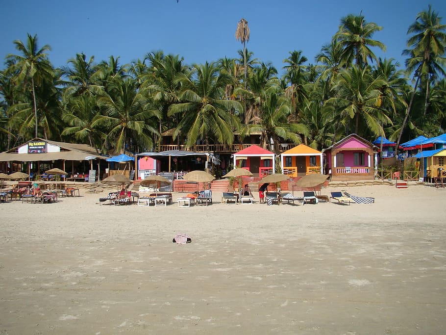 brown, umbrellas, house, daytime, Sand, Goa, Shack, India, Beach, coastline