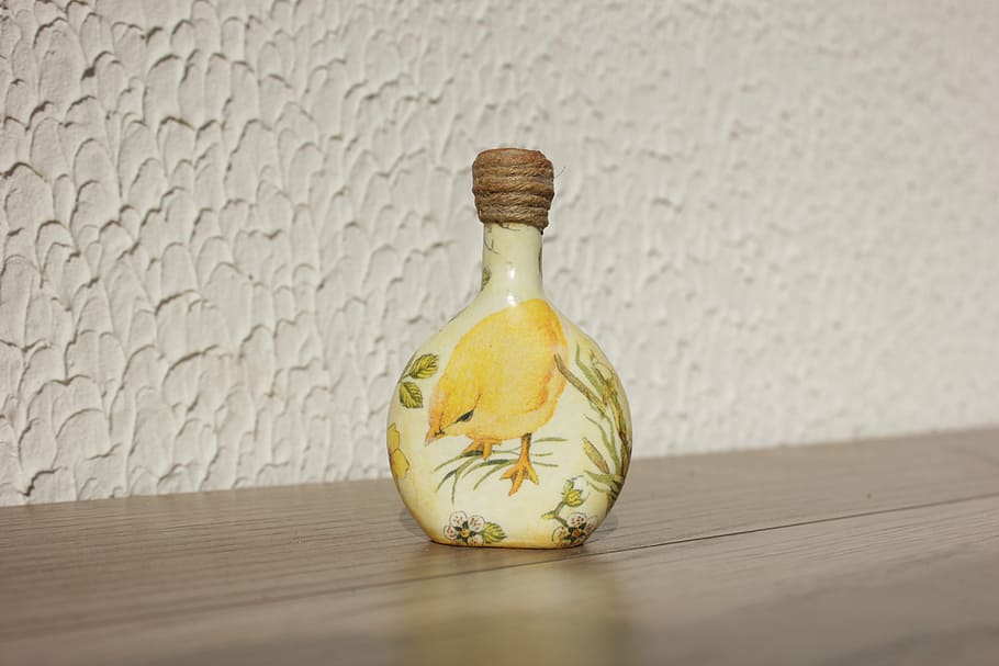 yellow bottle, chicken, decoupage, handmade, table, food, wood - material, indoors, food and drink, healthy eating