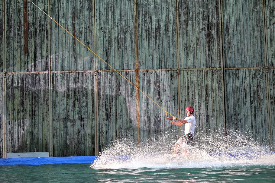 water, wakeboard, water sports, most rope, sparkling, wake, surf, one person, splashing, motion