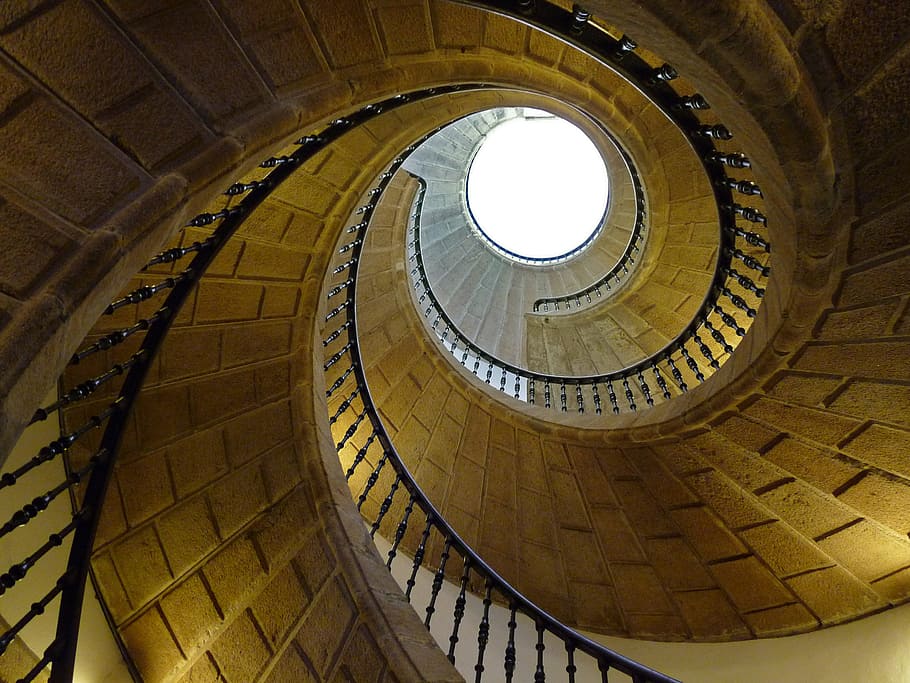 escalera de caracol, escalera, caracol, espiral, arquitectura, estructura construida, escalones y escaleras, barandilla, no hay gente, vista de ángulo bajo
