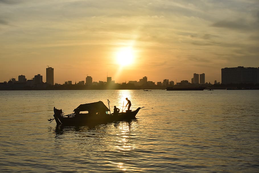mekong river, river, phnom penh, cambodia, asia, travel, boat, sunset, dusk, evening