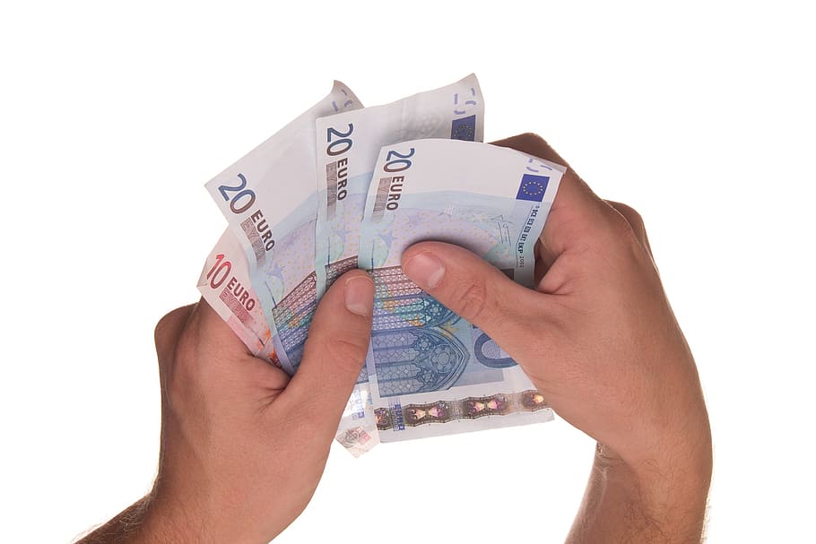 人, 保有, 20, 10ユーロ紙幣, ユーロ, お金, 支払い, 現金, 借用, ローン