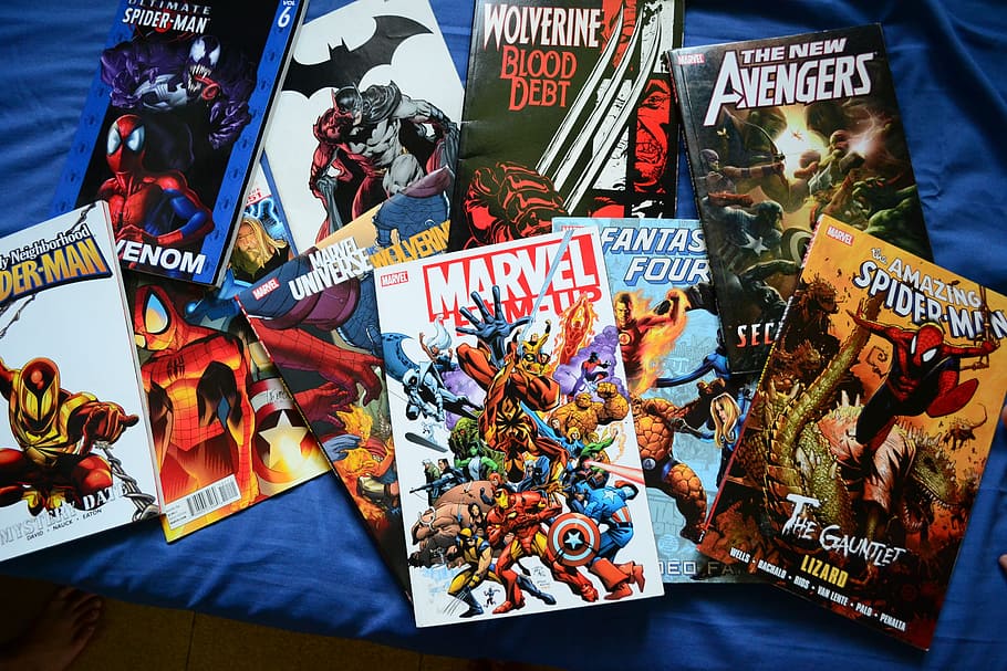 assorted, comic, book lot, blue, textile, comics, novels, superhero, marvel, dc