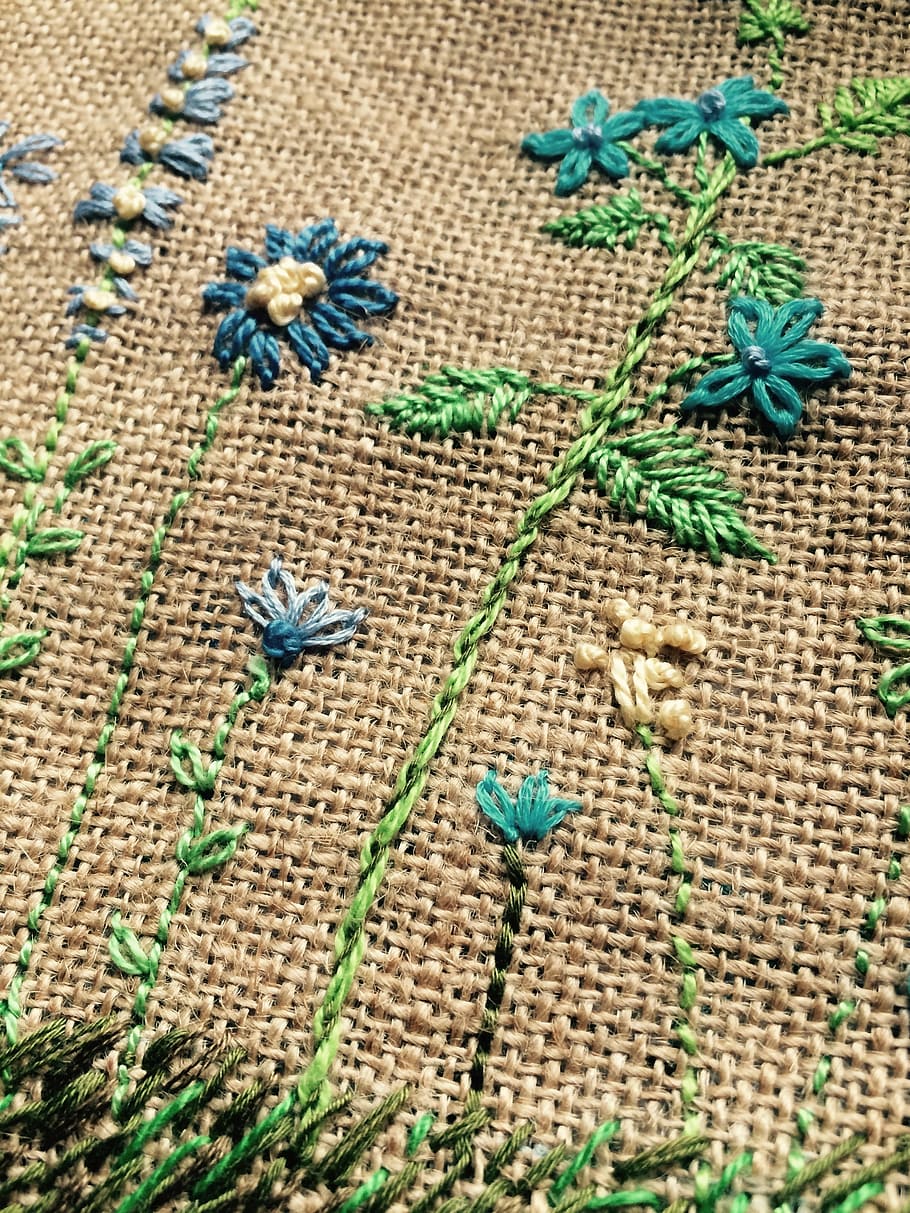 brown, green, blue, floral, burlap textile, cloth, embroidery, fabric, handmade, knitting wool