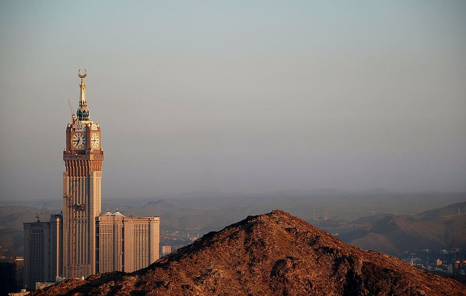 brown, gold tower clock, surrounded, mountains, mecca, mekkah, saudi arabia, saudi, arabia, muslim
