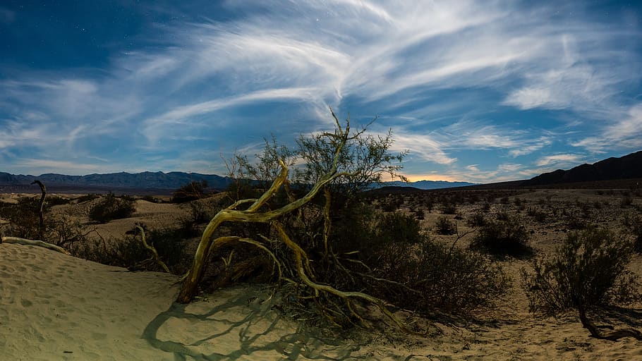 death valley, california, desert, mountains, clouds, scenic, panorama, western, long exposure, moon