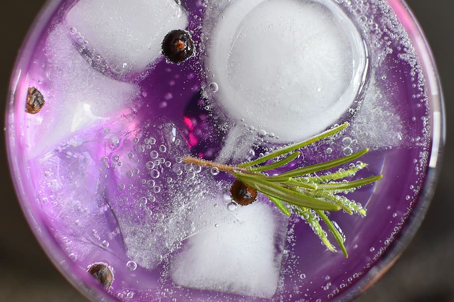 cocktail drink, gin tonic, alcohol, glass, drink, relaxation, liquor, wine glass, purple, juniper