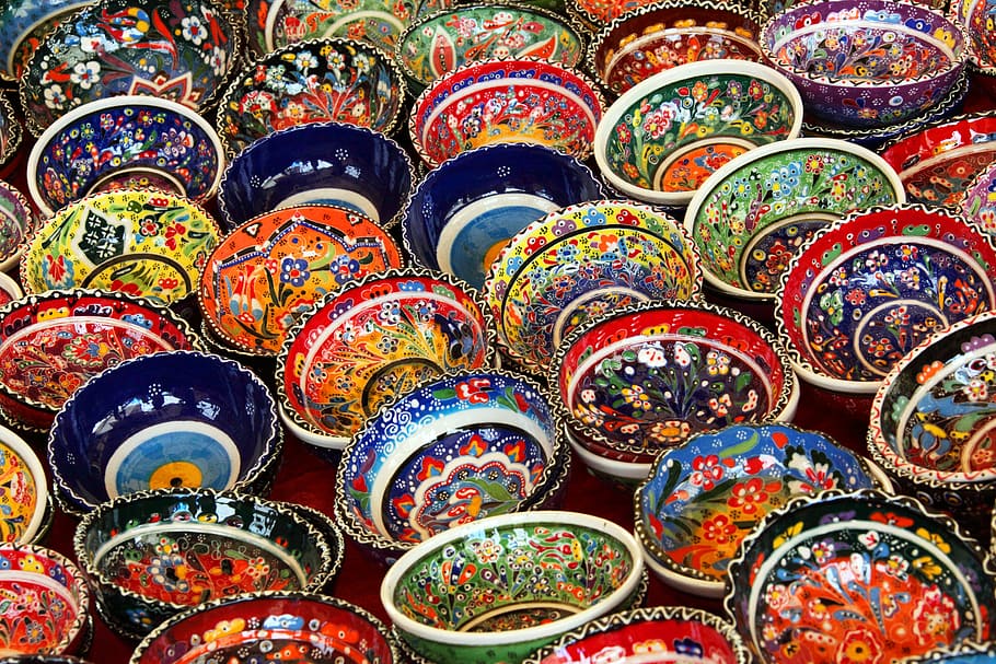 surtido, cerámica, lote de tazón, arte, fondo, tazón de fuente, color, colorido, decoración, decorativo