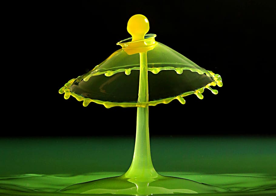 water drop, droplet, splash, yellow, studio shot, green color, water, indoors, motion, black background