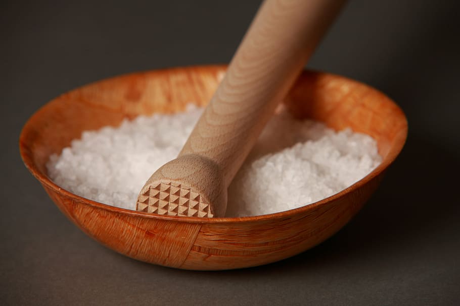 salt, mortal, pestle, bowl, wood, wellness, wood - Material, spoon, food, cooking