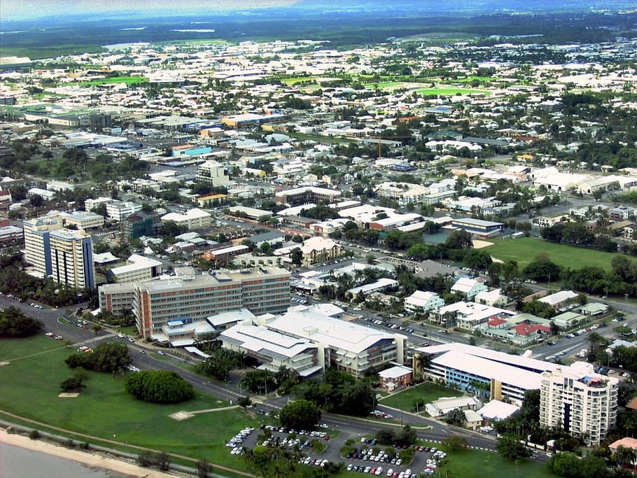 ar, Hospital de Cairns, Queensland, Austrália, foto aérea, edifícios, cairns, cidade, fotos, hospital