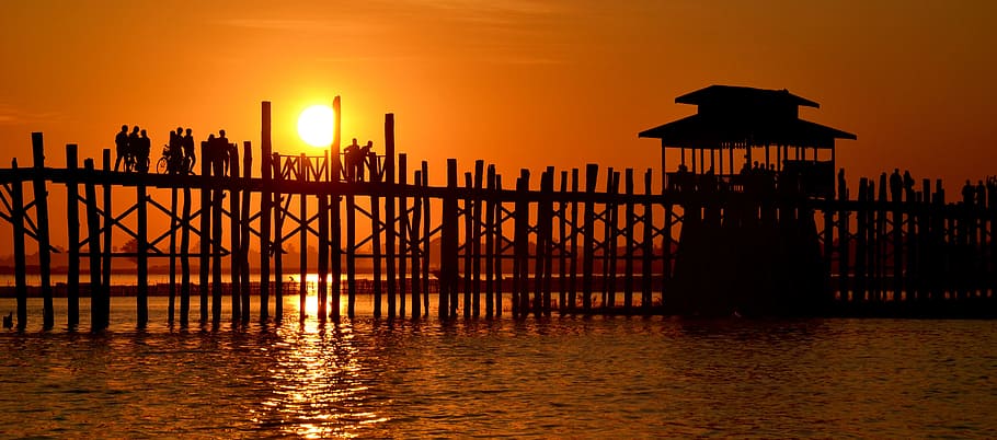 silhouette photo, wooden, dock, hut, golden, hour, U-Bein Bridge, Mandalay, Myanmar, Sunset