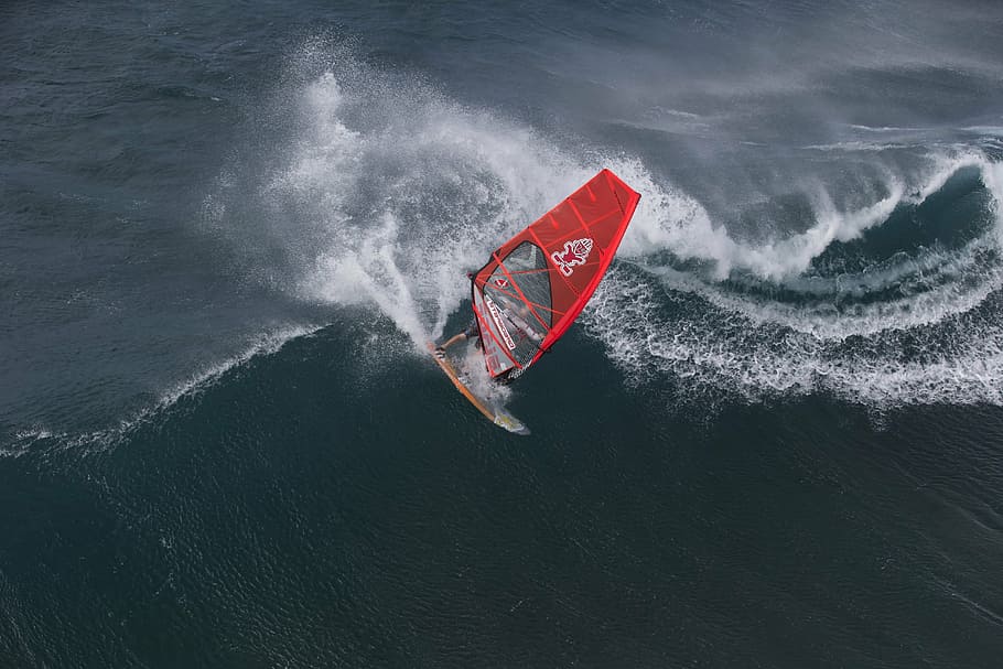 person, riding, board, wave, hawaii, wind surfing, recreation, sports, waves, fun