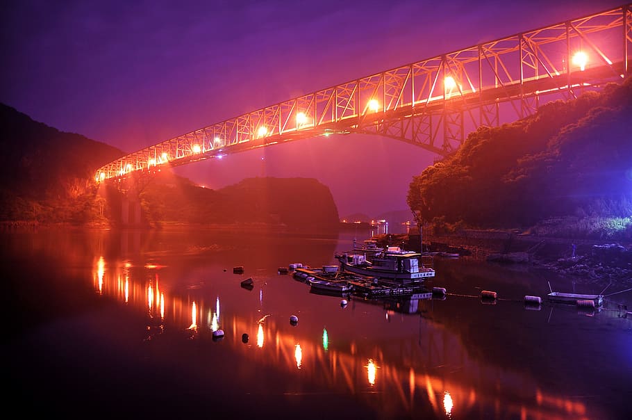 black, metal bridge, nighttime, Japan, Amakusa, Bridge, Sea, Night, Ship, bridge sea