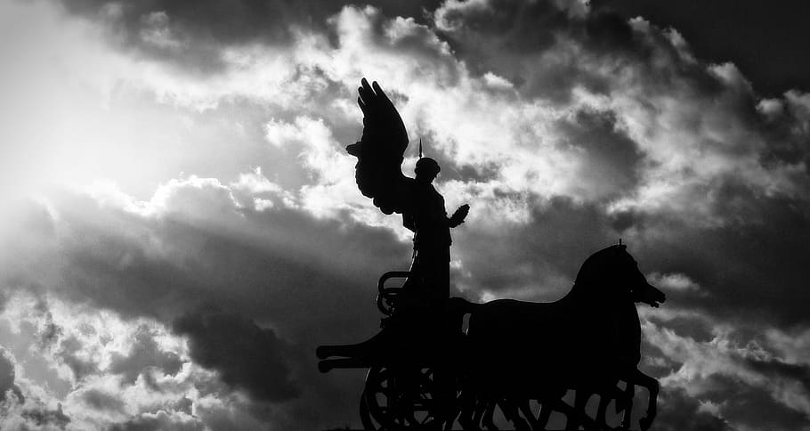 silhouette, angel, riding, carriage, rome, sun, chariot, statue, black and white, sky