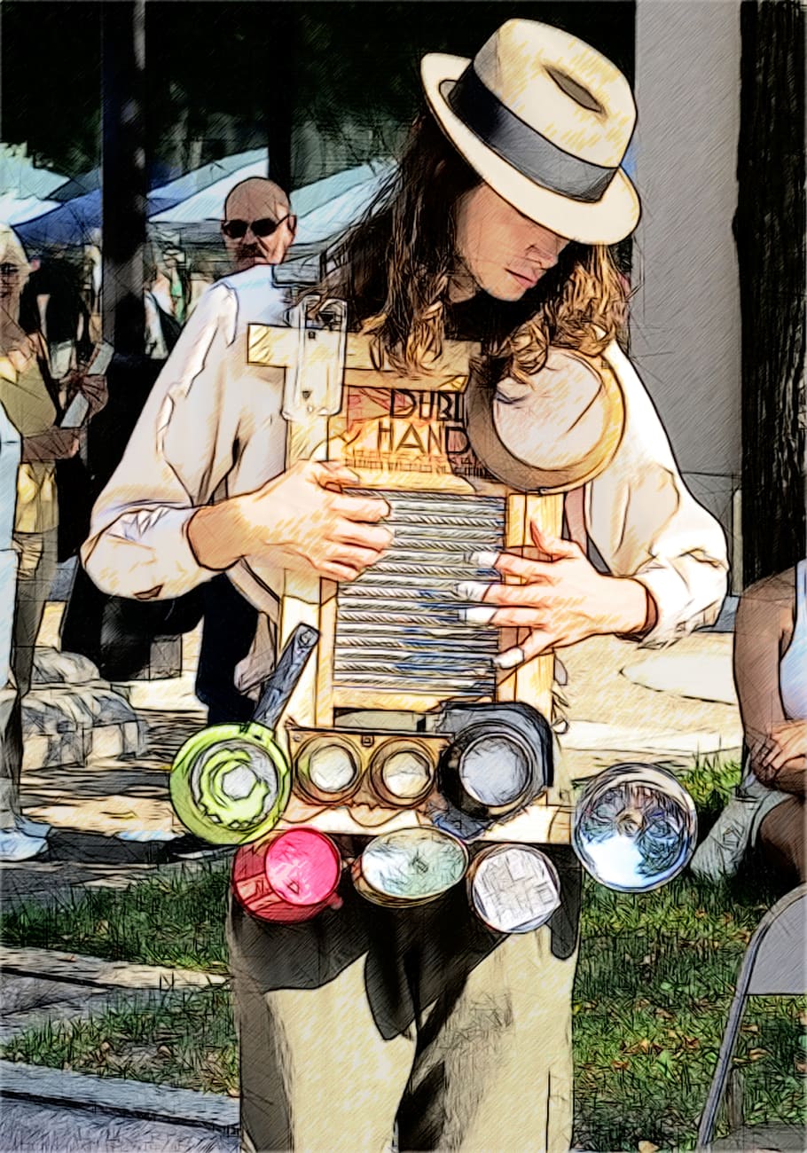 madison washboard busker, washboard, busker, musician, street, instrument, percussion, performer, entertainer, playing
