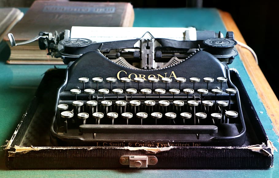 black, corona brand type writer, typewriter, letters, antiques, writer, old, keyboard, print, indoors
