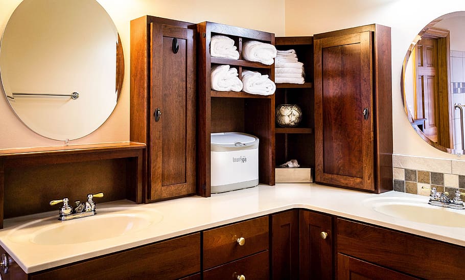 brown, wooden, kitchen cabinet, bathroom, sinks, mirrors, medicine cabinet, towel warmer, cabinets, shelves