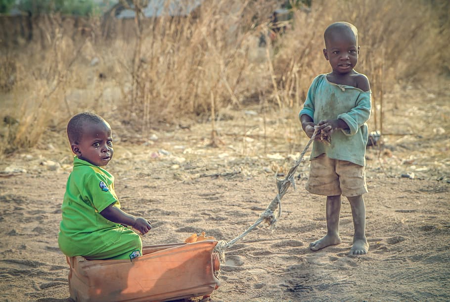 2, 男の子, 遊んで, 砂原, アフリカ, ナイジェリア, 子供, 通り, 村, 若い