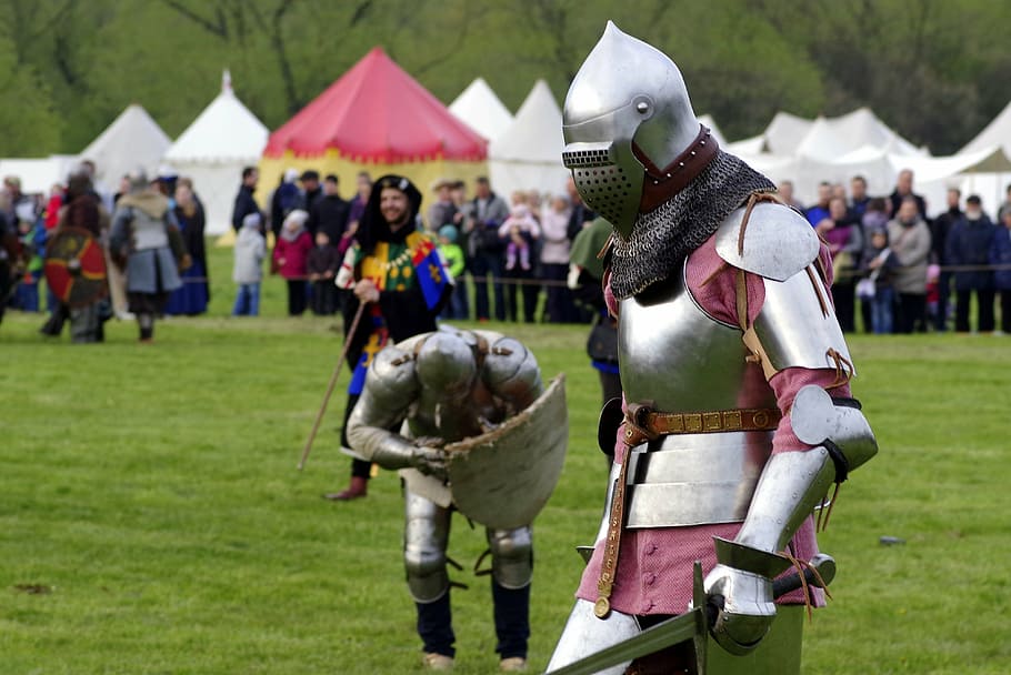 person, wearing, silver armor, knight, knighthood, armor, the middle ages, battle of, sword, fight