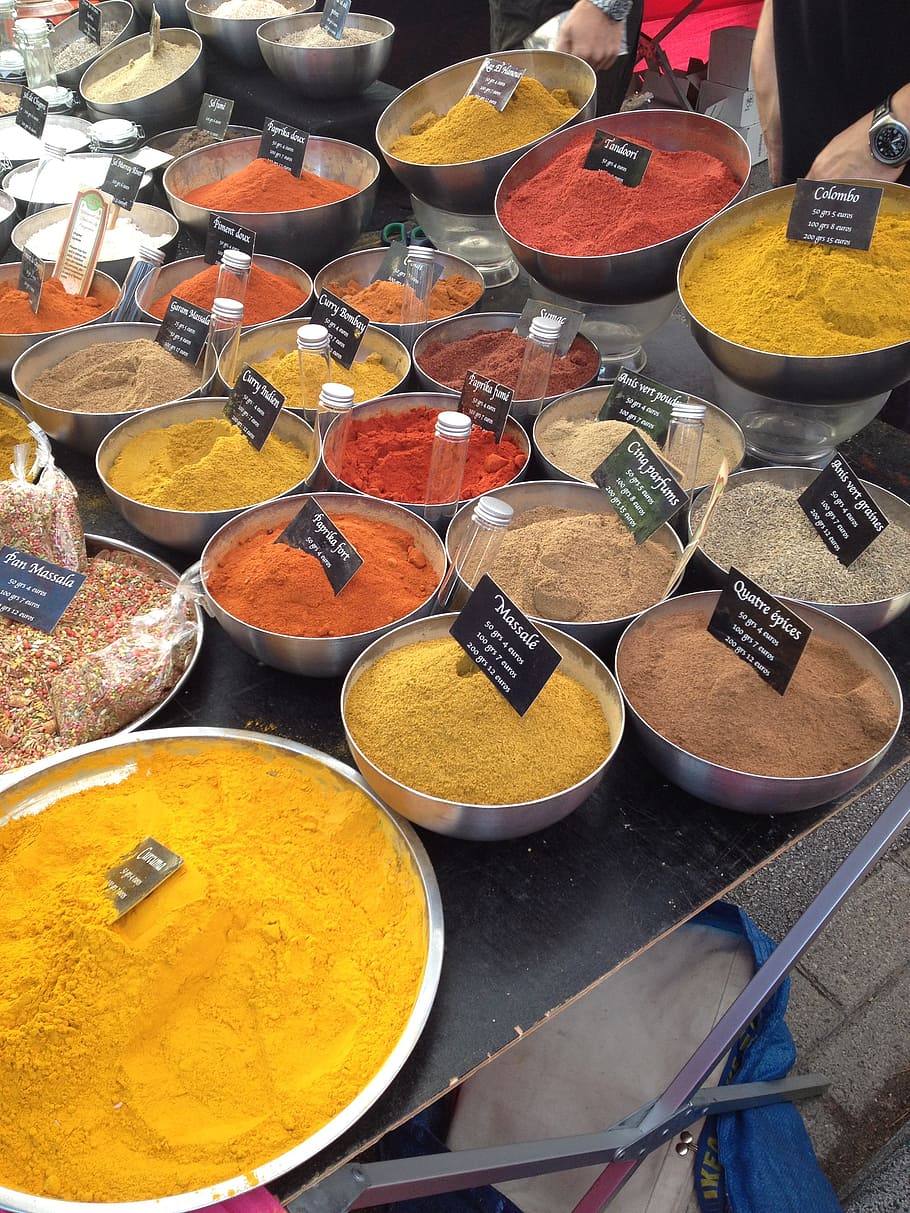 rempah-rempah, kuning, oranye, merah, bubuk, pedas, kari, warna-warni, mangkuk, India