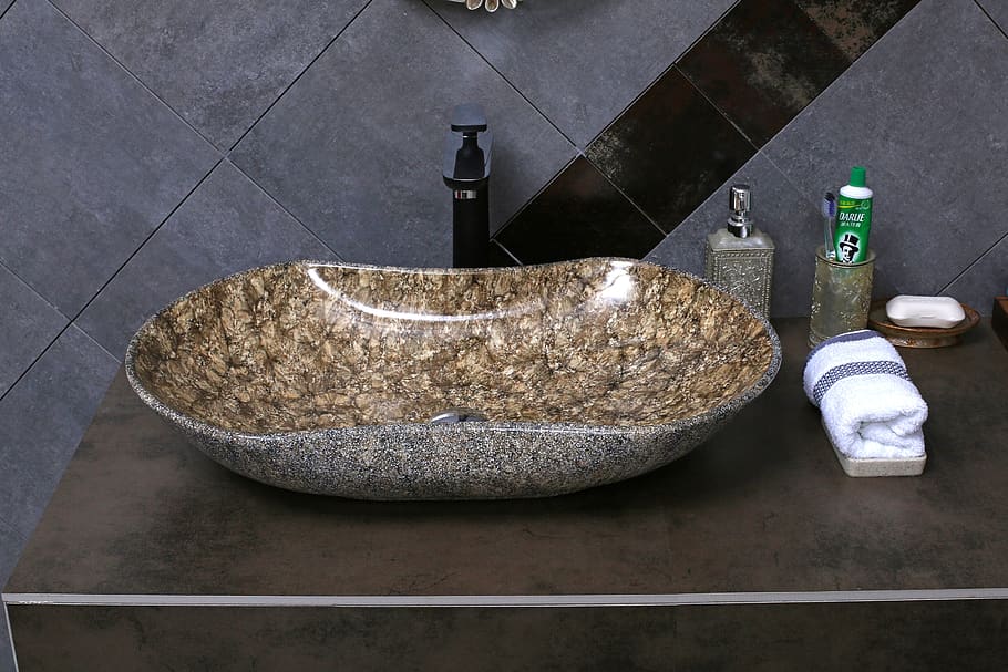 stone textured basin, wash basin, ceramic basin, china, art, wash your face, container, still life, flooring, high angle view