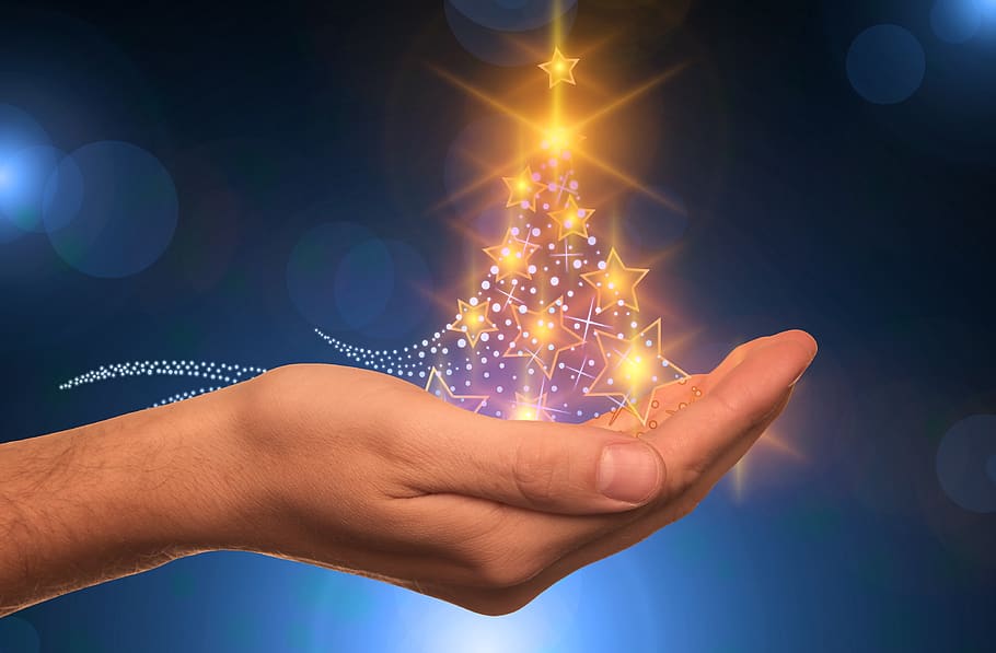 navidad, estrella, brillo, luces, luz, mano, presentación, adviento, decoraciones para árboles, árbol de navidad