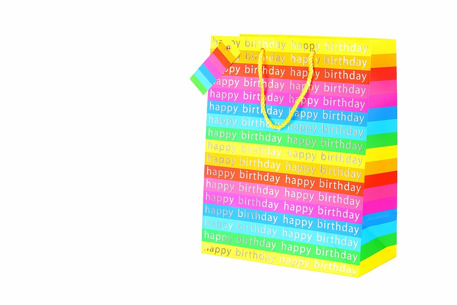 multicolored paper bag, isolated, birthday, white, gift, bag, present, object, paper, package