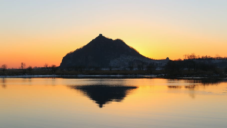 north korea, sunset, yalu river, water, sky, reflection, lake, beauty in nature, tranquility, mountain