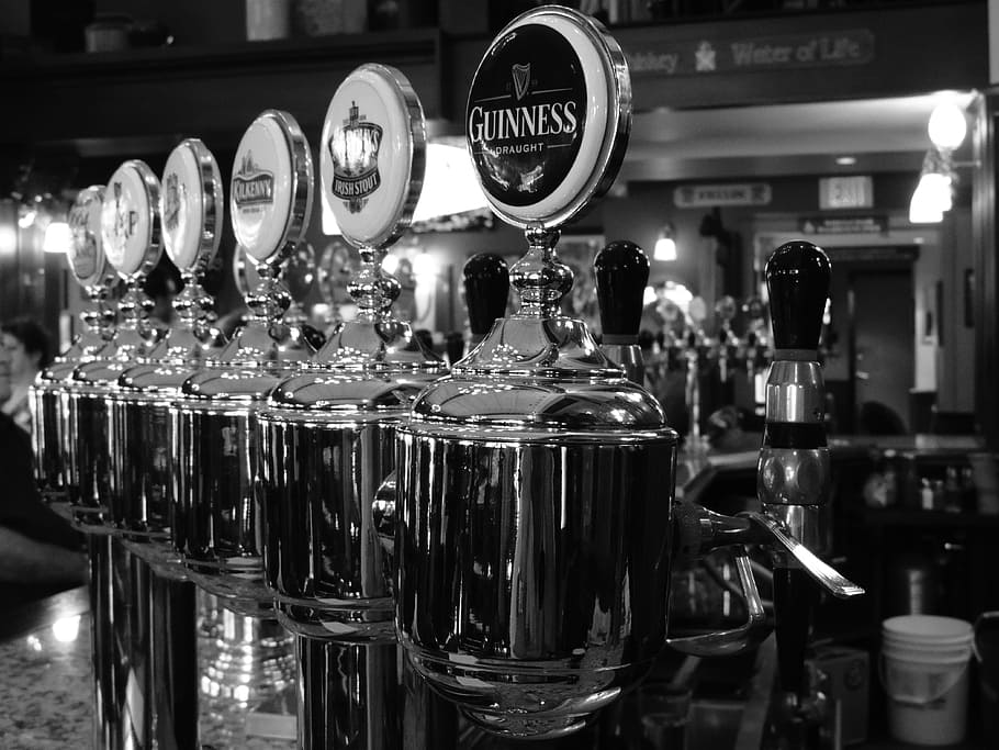 beverage dispenser, grayscale photography, draft beer, bar, pub, faucet, restaurant, alcohol, beer tap, draught
